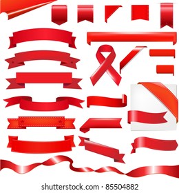 Red Ribbons Set, Isolated On White Background, Vector Illustration