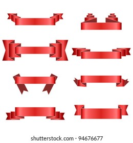 Red Ribbons Set, Isolated On White Background, Vector Illustration
