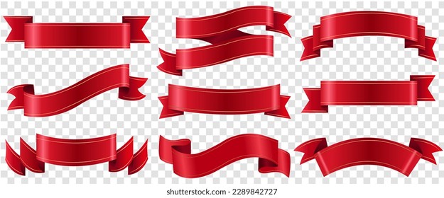 Red Ribbons Set Isolated White Background , Vector Illustration