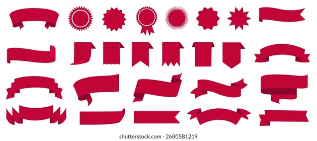 Red Ribbons Set With Isolated White Background  , Vector Illustration