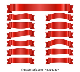 Red ribbons set. Satin blank banners collection. Design label scroll blanks element, isolated on white background. Empty template for greeting or advertising. Symbols decoration. Vector illustration.