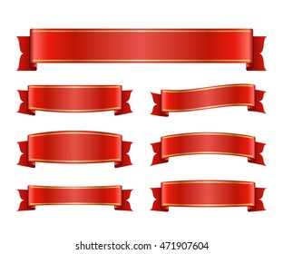 Red ribbons set. Satin blank banners collection. Design decoration label scroll blanks element, isolated on white background. Empty template for greeting or advertising. Vector illustration.