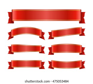 Red ribbons set. Satin blank banners collection. Design label blanks element, isolated on white background. Empty template for greeting or advertising. Symbols decoration. Vector illustration.