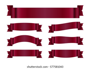 Red ribbons set. Satin blank banners collection. Design label scroll blanks element, isolated on white background. Empty template for greeting or advertising. Symbols decoration. Vector illustration.