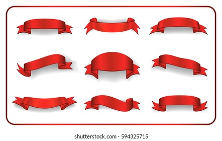 Red ribbons set. Satin blank banners collection. Design label scroll bow blank elements isolated on white background. Empty template for greeting, advertising, decoration Vector illustration