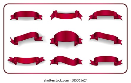 Red ribbons set. Satin glossy bow blank banners. Design label scroll blank elements isolated on white background. Empty curl retro template greeting, advertising, decoration Vector illustration
