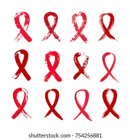 Red Ribbons Set - Symbols of AIDS Awareness Month, December. Brush strokes objects isolated on white background. Grunge painted design elements. Vector illustration.