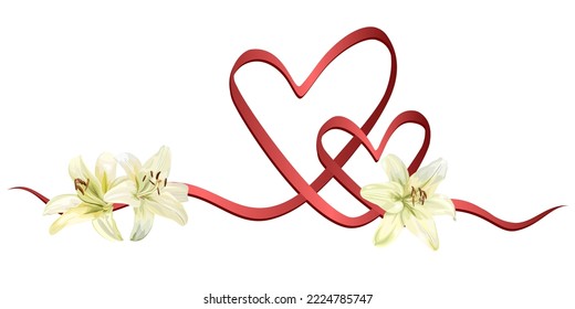 Red ribbons in the shape of two hearts with white lilies for the concept of love, wedding or Valentine's Day. Vector illustration isolated on white background.