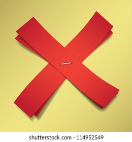 Red ribbons stapled together in shape of a red cross sign. EPS10 vector.