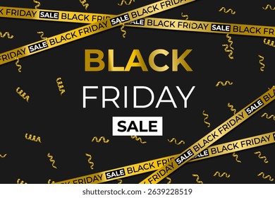 Red ribbons stretch diagonally in sale layout. Typography pops on rich black Friday design. Sale emphasis achieved through glowing highlights. Ribbon contrast drives focus to central message.