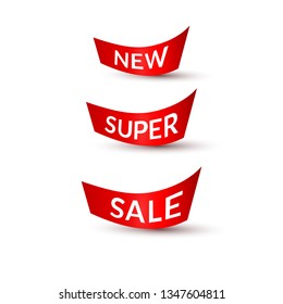 Red ribbons with text new super sale on white background Isolated Element of design of advertising banners posters promotion A set of ribbons for sales web shops business Creative icon web Vector tag