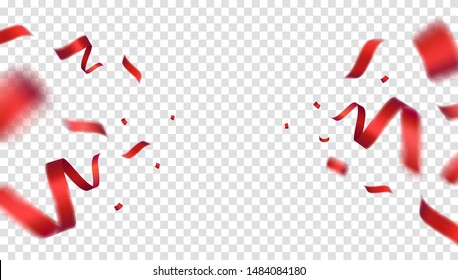 Diseño vectorial de cintas rojas. Confeti volador de lujo transparente en espacio vacío. Elegante decoración festiva para plantillas de foto, tarjeta de regalo o banner web