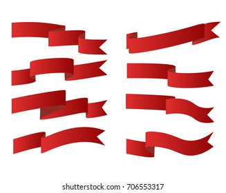 Red ribbons or waving flags and festive banners. Wavy bands and tapes decoration for greeting card, celebration or congratulation design elements on white background. Vector isolated illustration set