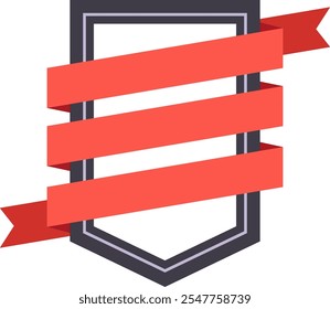 Red ribbons are wrapping around a dark shield shape framing a blank space, creating a badge like design suitable for awards, achievements, or quality certifications