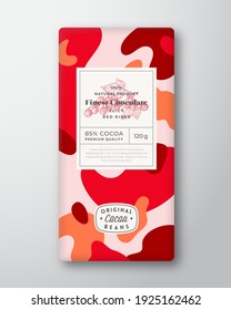 Red Ribes Chocolate Label. Abstract Shapes Vector Packaging Design Layout with Shadows. Modern Typography, Hand Drawn Berries Silhouette and Colorful Camouflage Pattern Background. Isolated.