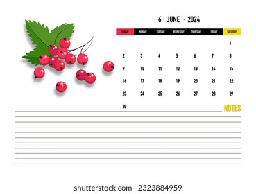 Rivas Rojas. Junio, mes 2024. Plantilla de calendario para una alimentación saludable. Página. Planificador diario.