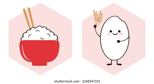 Red rice bowl with chopsticks and rice seed cartoon on pink hexagon signs vector illustration. Cute cartoon food.
