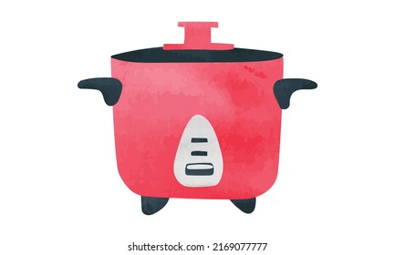 Red Rice Cooker Watercolor Style Vector Illustration Isolated On White Background. Electric Rice Cooker Clipart. Simple Rice Cooker Hand Drawn Cartoon. Kitchen Utensils Clipart. Kitchen Appliances