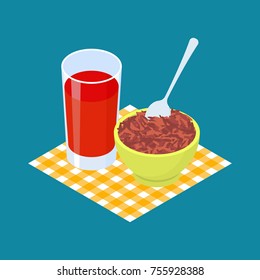 Red rice Porridge and fruit juice. Breakfast Healthy food. Vector illustration