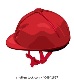 Red riding helmet. Isolated jockey protection on white background. Dirty, realistic object from equestrian enviroment with horses. Horse racing equipment. Flatten isolated master vector illustration