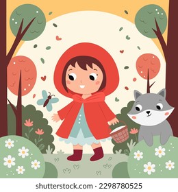 Red Riding Hood with basket in the forest. Cute kawaii grey wolf. Cartoon fairy tale characters. Woodland background. Vector illustration for children books.