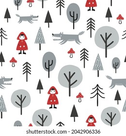 Red Riding Hood fairy tale seamless pattern. Little girl and wolf in the woodland.