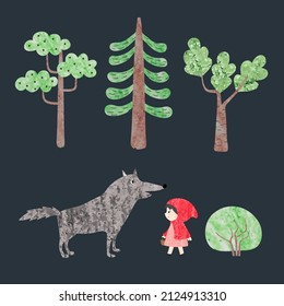 Red Riding Hood fairy tale set. Vector illustration of little girl, wolf and trees.