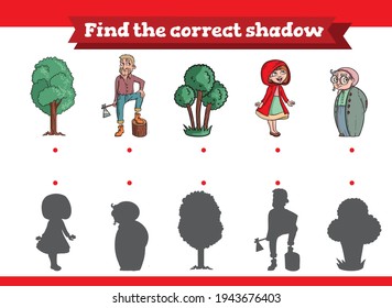 Red riding hood Find the correct shadow. Educational game for children. Cartoon vector illustration.