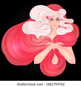 Red Riding Hood. Portrait of pretty young woman view with long beautiful red hair and scarf. Vector illustration. Fantasy, spirituality, occultism, tattoo. Art nouveau inspired.