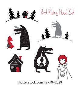 Red Riding Hood set. Wolf walking in the woods. Wolf swallowed grandmother. Red Riding Hood fairy tale.