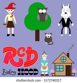 Red Riding Hood vector illustration with cute wolf, cat and owl