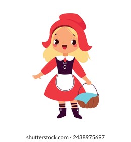 Red Riding Hood with Wicker Basket as Fairy Tale Character Vector Illustration