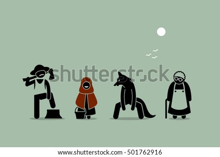 Red Riding Hood, Wolf, Lumberjack, and Grandmother Characters in Stick Figure Pictogram