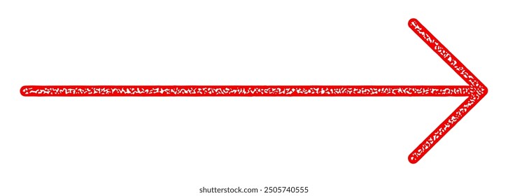 A red rightward arrow with a long stem and textured edge. Vector illustration suitable for navigation, direction, or highlighting purposes.