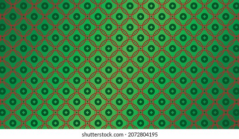 Red Rings And Circles On A Green Gradient Background. New Year Pattern. Christmas Wallpaper And Banner.