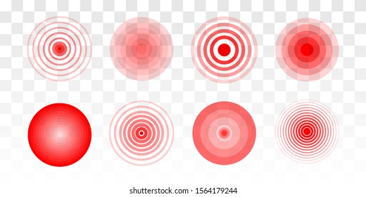 Red rings of pain to indicate localization of pain in different parts of the human body such as the back, neck, head, back and others. Pain red circle or localization mark. Vector icon set.