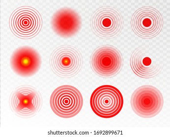 Red rings of pain to indicate localization of pain in different parts of the human body such as the back, neck, head, back and others. Pain red circle or localization mark. Vector illusration EPS 10