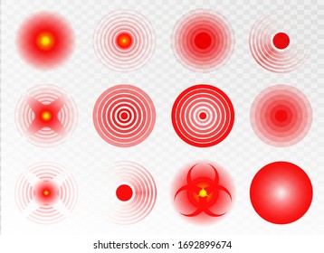 Red rings of pain to indicate localization of pain in different parts of the human body such as the back, neck, head, back and others. Pain red circle or localization mark. Vector illusration EPS 10