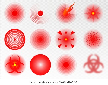 Red rings of pain to indicate localization of pain in different parts of the human body such as the back, neck, head, back and others. Pain red circle or localization mark. Vector illusration EPS 10