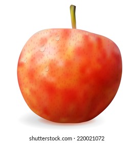 Red ripe apple with drops of water on a white background