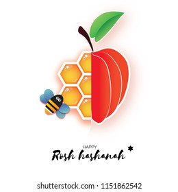 Red ripe apple and gold honeycomb. Jewish New Year, Rosh Hashanah Greeting card. Origami Honey Bee in paper cut style. Happy holiday in Hebrew. White background.