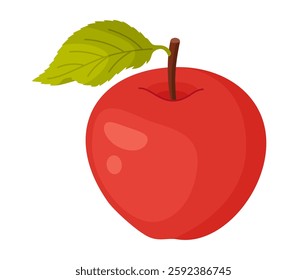 Red ripe apple with leaf, fresh garden fruit. Hand drawn food clipart. Whole fruit with green leaf, Flat style isolated on transparent background. Vector illustration