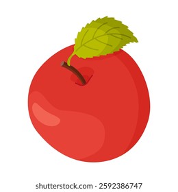 Red ripe apple with leaf, fresh garden fruit. Hand drawn food clipart. Whole fruit with green leaf, Flat style isolated on transparent background. Vector illustration