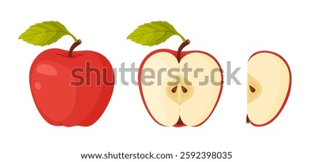 Red ripe apple. Whole, half, slice of fresh Red apple garden fruit. Hand drawn food clipart. Cartoon apple fruit Flat style isolated, transparent background Red Delicious Vector illustration