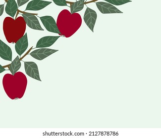 Red ripe apples on a branch, light background. Design template with fruits, frame. Vector hand drawn illustration. Place for your text, copy space.