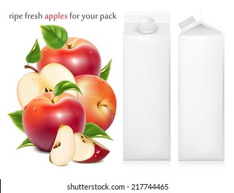 Red ripe apples and apples slices with green leaves and water drops. Juice white carton package. Vector illustration