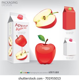 Red ripe apples and apples slices with green leaves and water drops. Juice white carton package. Vector illustration