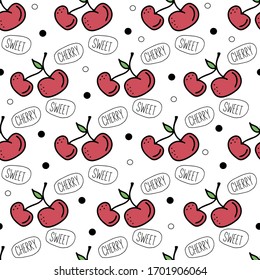 Cerezas maduras rojas con hojas aisladas en fondo blanco con el texto "cereza dulce".   Patrón veloz. Diseño para envolver papel, textil, tela, impresión, rayado.
