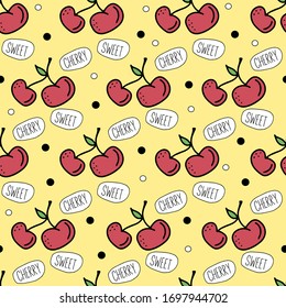 Red ripe cherries with leaf on yellow background with text "sweet cherry". Vector seamless pattern. Design for wrapping paper, textile, fabric, print, scrapbooking.