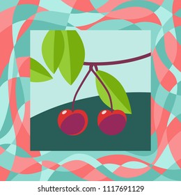 red ripe cherries on a tree branch, minimalistic illustration with decorative frame